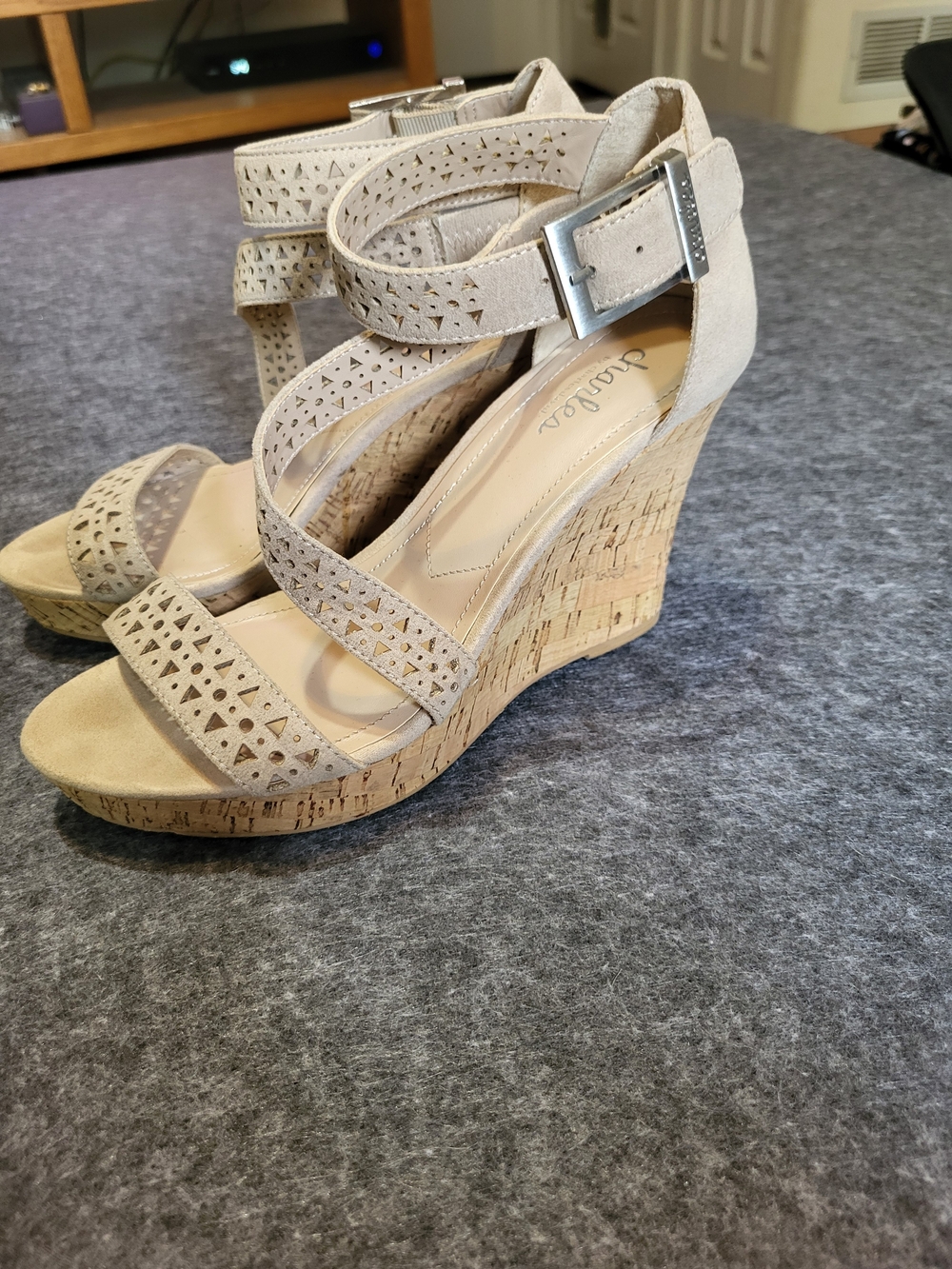 Charles by Charles David Beige Laser-Cut Wedge Sandals - Picture 3 of 6